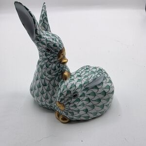 Vintage Herend Green Fishnet Pair Porcelain Bunnies w/Gold Accents Hand Painted